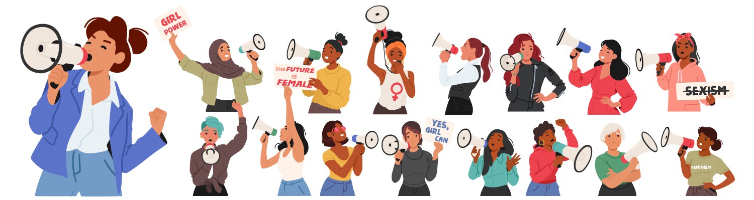 Diverse women holding a megaphones and advocating vector image