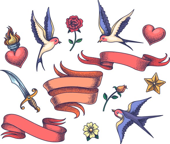 Old school tattoo elements collection Vector Image