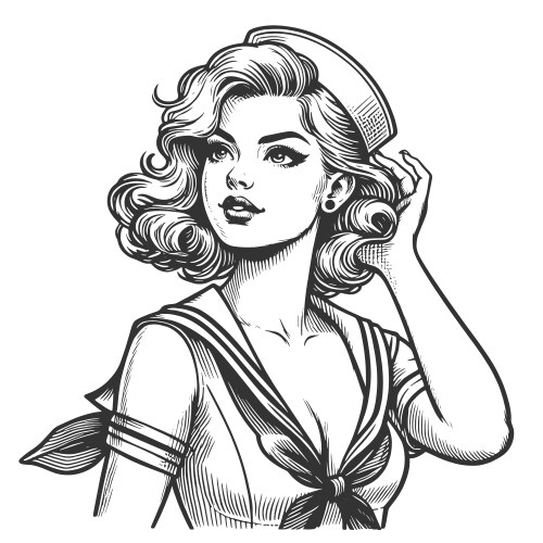 Sailor pin-up girl posing engraving vector image