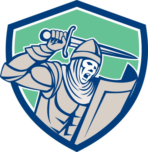 crusader knight with sword and shield retro vector