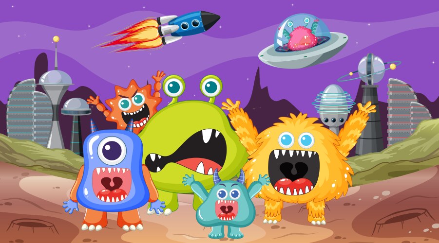 cute alien monster cartoon friends in outer space vector image