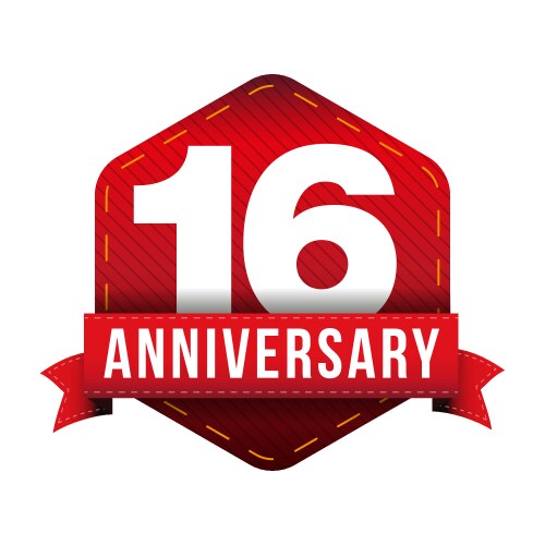 sixteen year anniversary badge with red ribbon vector image