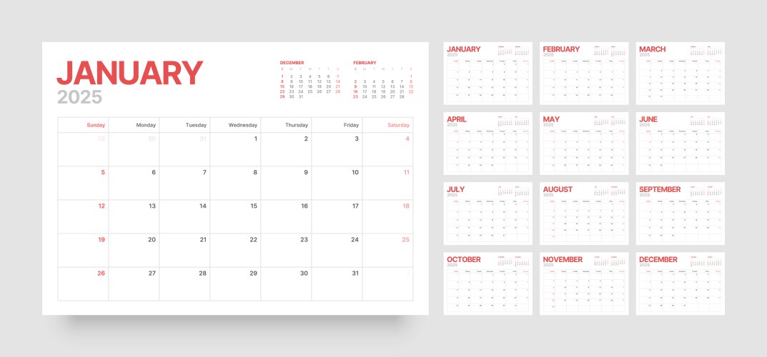 monthly calendar for 2025 year starts on sunday vector image