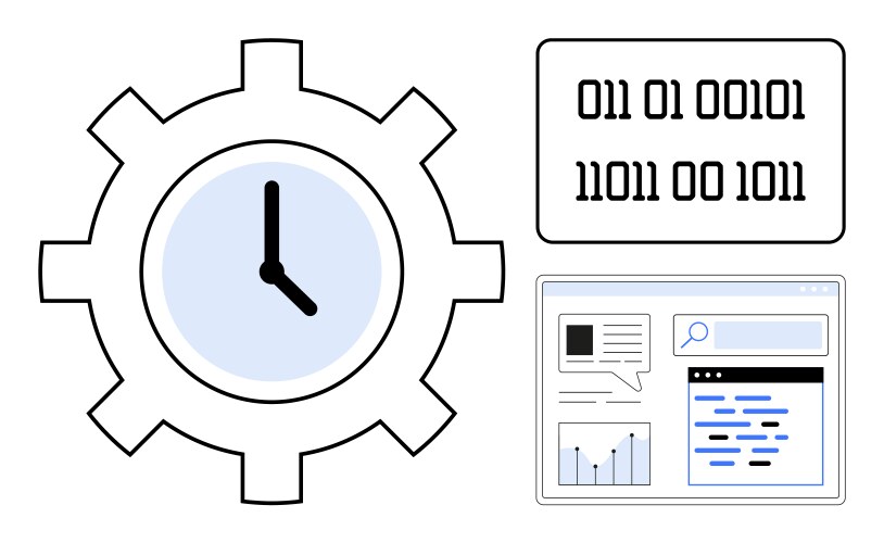 Gear with clock binary code and digital vector image
