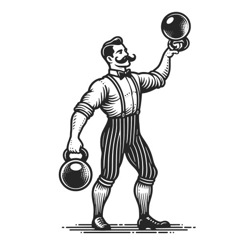 Circus strongman juggles kettlebells weight Vector Image