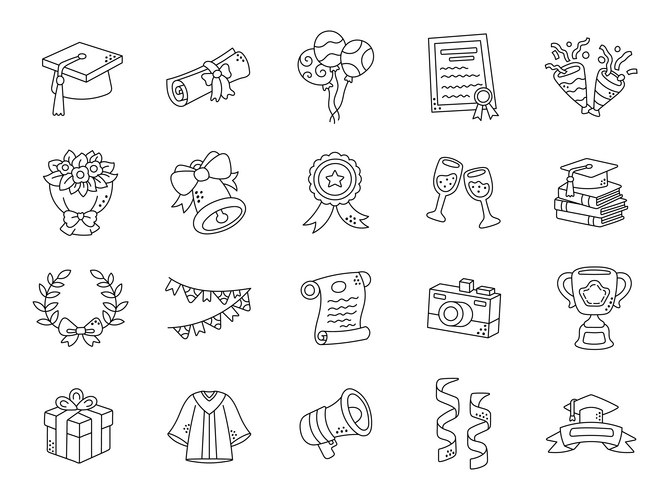 Graduation ceremony set in outline line art Vector Image