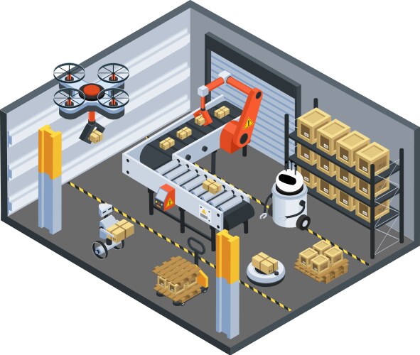 Isometric automated warehouse robots modern Vector Image