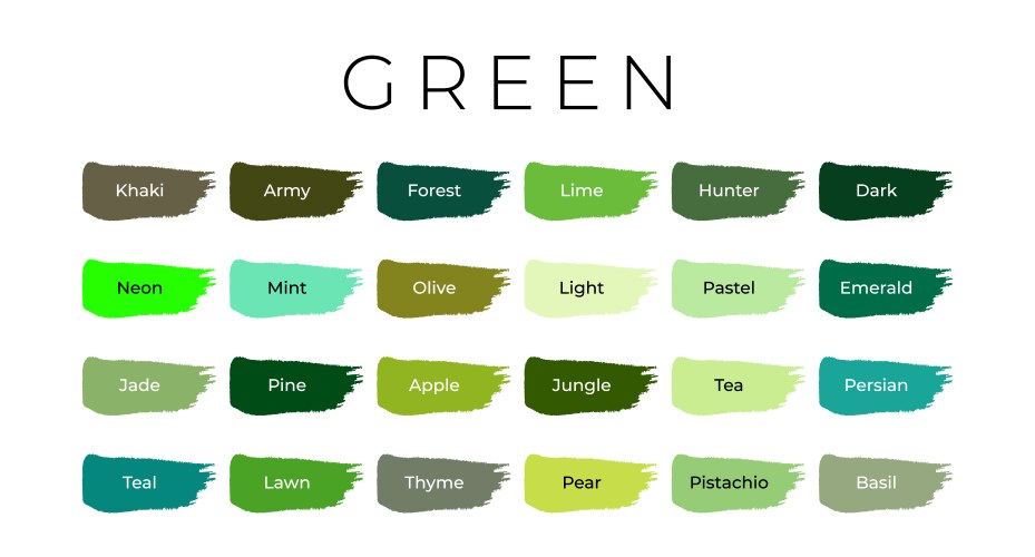 Green paint color swatches with shade names vector image