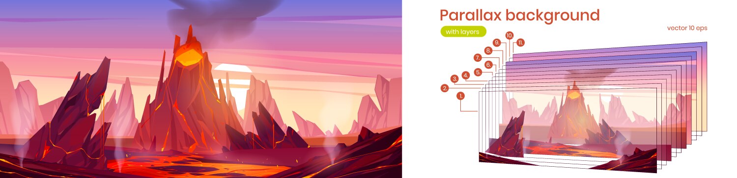 Parallax background with volcanic eruption vector image