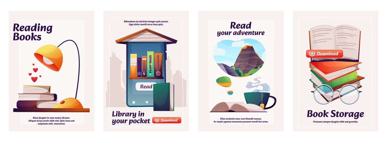 Book reading posters cartoon covers with open vector image