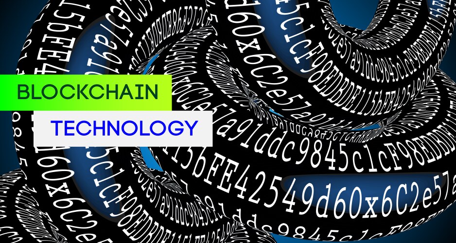 blockchain technology coding background with sign vector