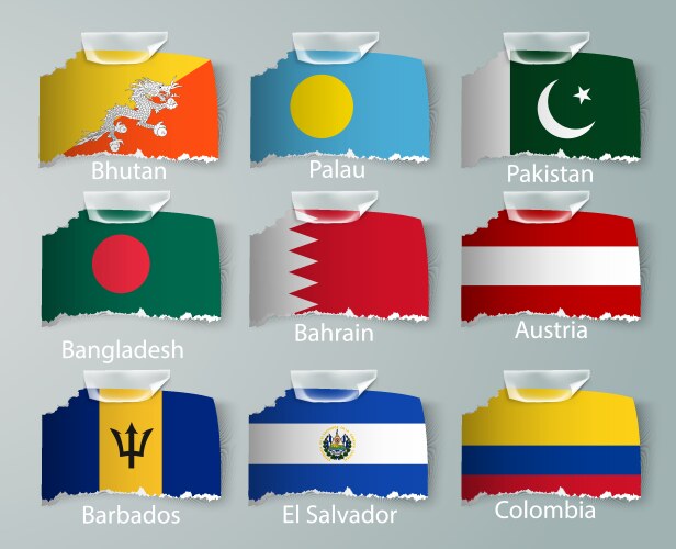 Realistic set flags paper countries Royalty Free Vector