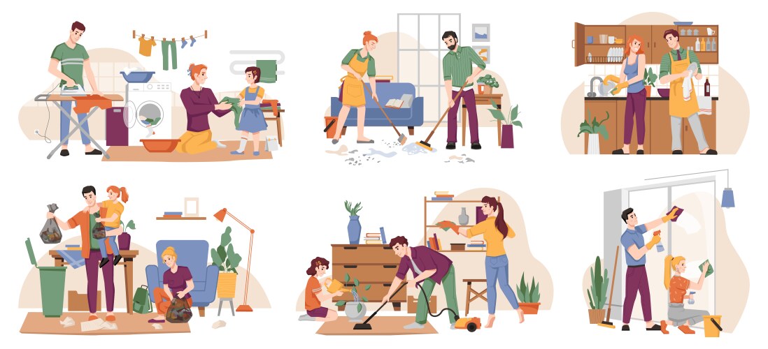 household housework chores cleaning people set vector