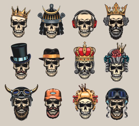 Colored skulls flat badge set Vector Image
