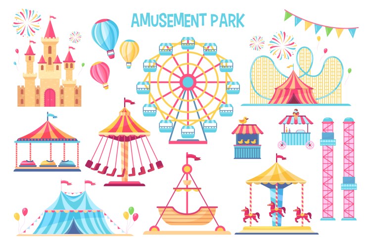 Amusement park entertainment icons elements Vector Image