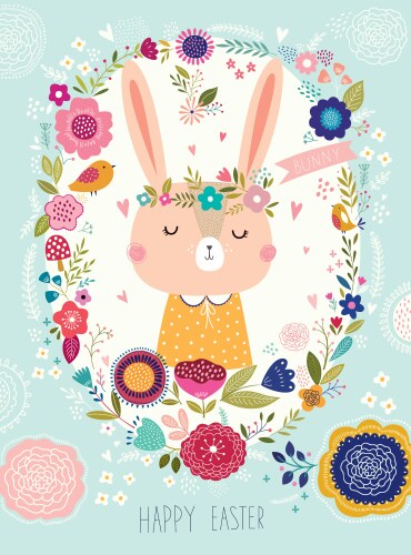 Cute Easter Bunny Floral Wreath Vector Image