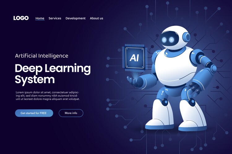 Ai robot with chip processor website landing page vector image