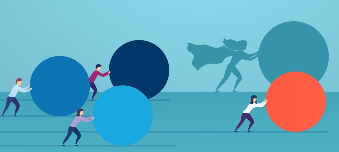 Business woman superhero pushes red sphere vector image