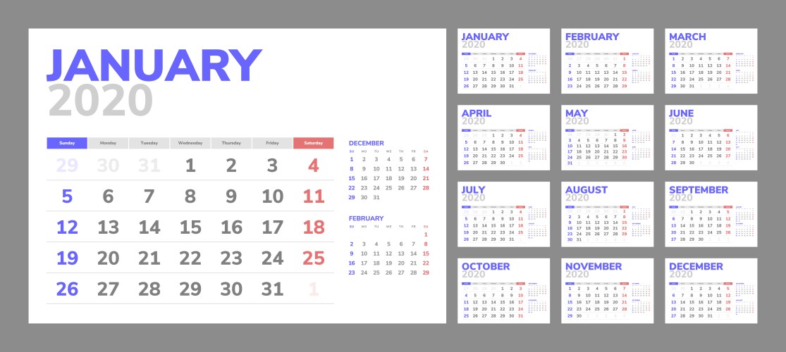 calendar for 2020 new year in clean minimal table vector image