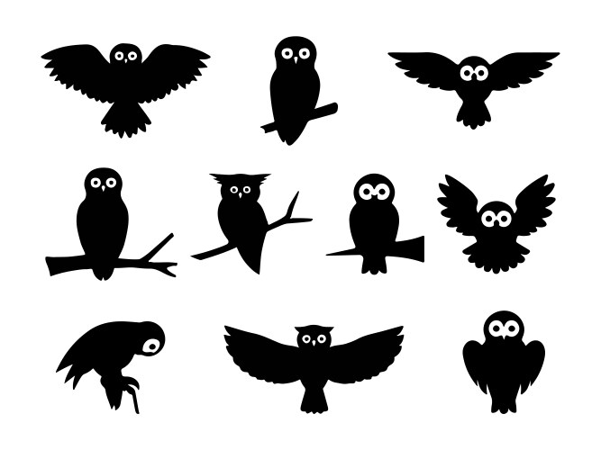 Diverse Owl Silhouettes - Nighttime Wildlife Vector Image