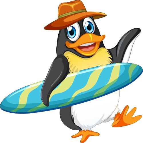 Cute penguin cartoon character holding surfboard Vector Image