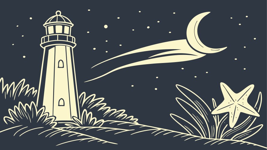 Lighthouse Under Crescent Moon Vector Image
