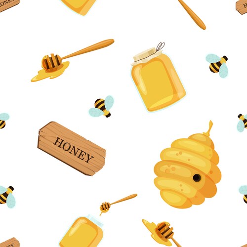 Honey jar with bee hive and stick seamless pattern Vector Image