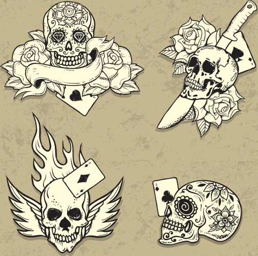 Old School Tattoo Skulls & Roses Vector Image
