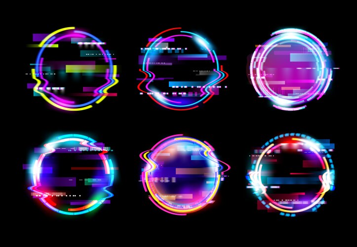 Abstract neon glow circle glitch frames vector image