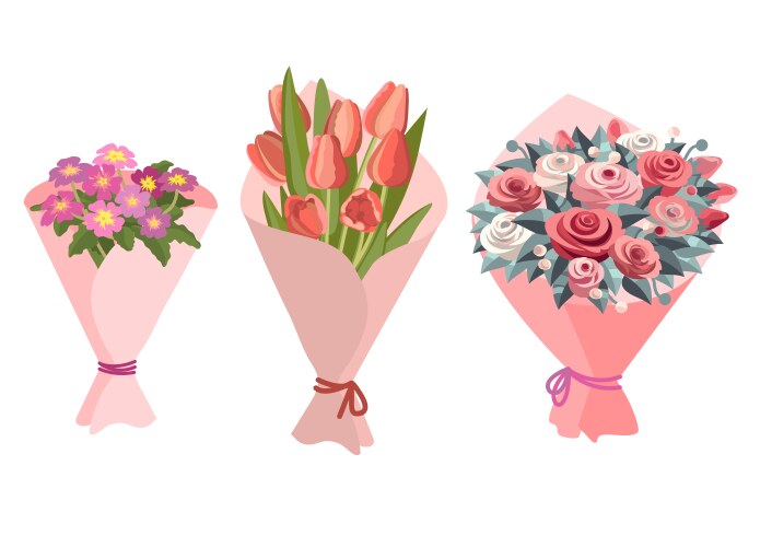 Colorful Bouquet Set - Roses, Tulips, Primroses Vector Image