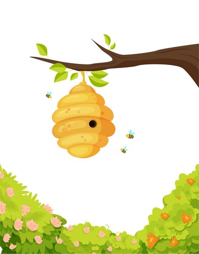 Beehive on branch with swirling bees Vector Image