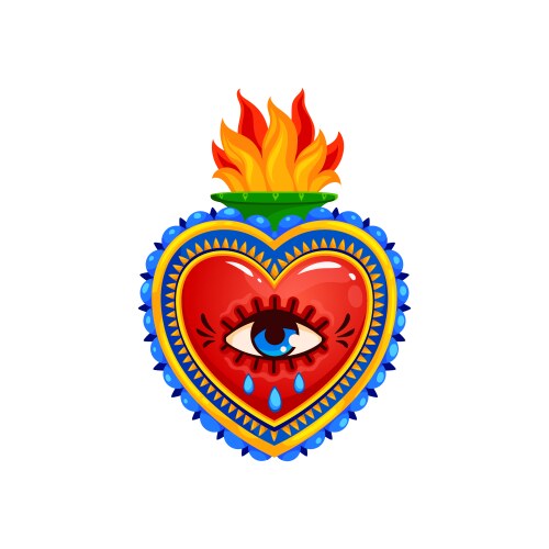 Mexican sacred heart burning flame and crying eye vector image