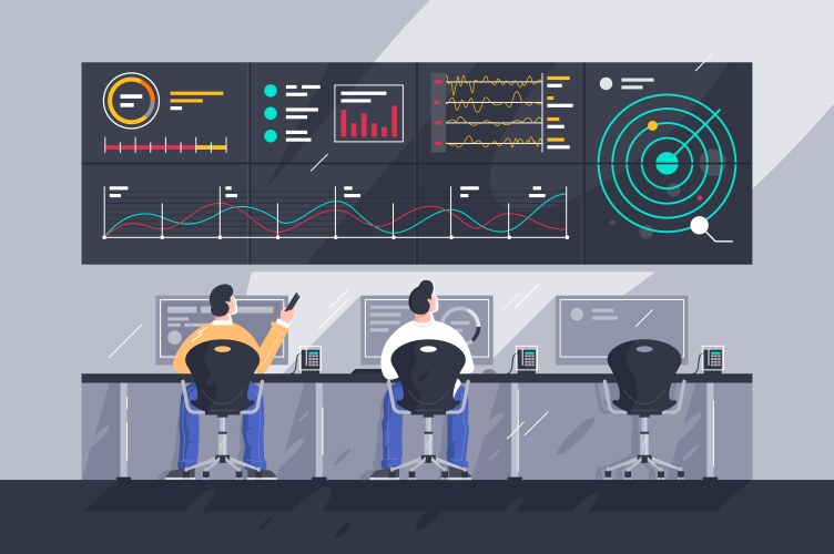 flat young men employee with screens charts vector