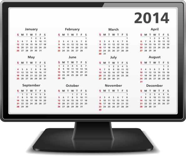 2014 calendar on the screen of computer monitor vector image