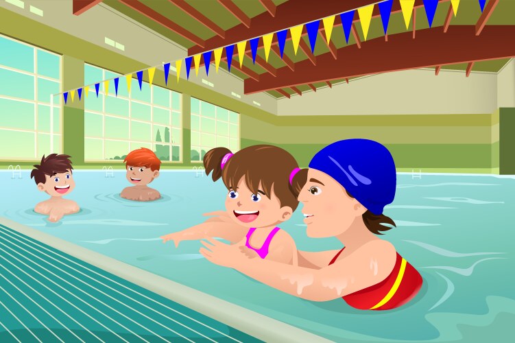 kids having a swimming lesson in indoor pool vector image