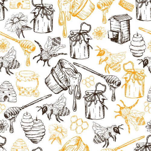 honey bee seamless pattern sketch hand drawn vector image