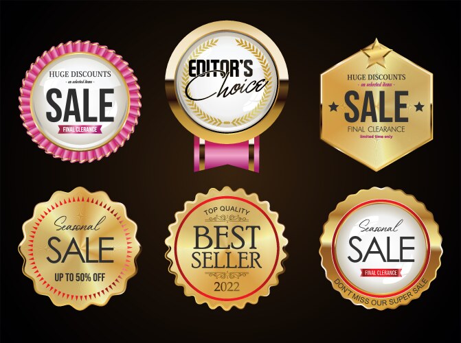 Collection of golden badges and labels on black vector image