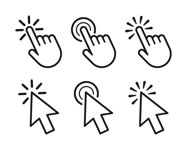 Arrows and hands clicking icon or cursor set vector image