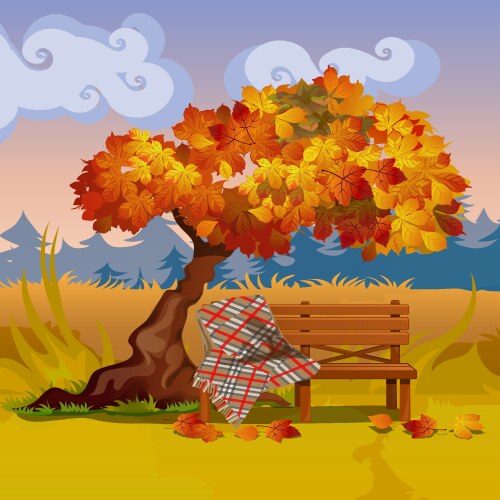 A wooden bench with plaid blanket under Vector Image