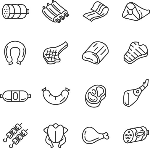 Meat products dishes poultry thin line icons set Vector Image