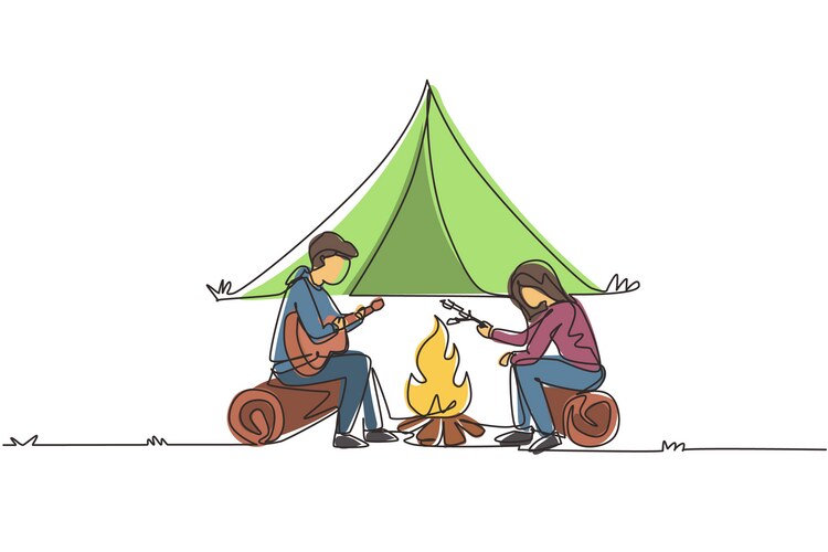 Continuous one line drawing couple summer camp Vector Image