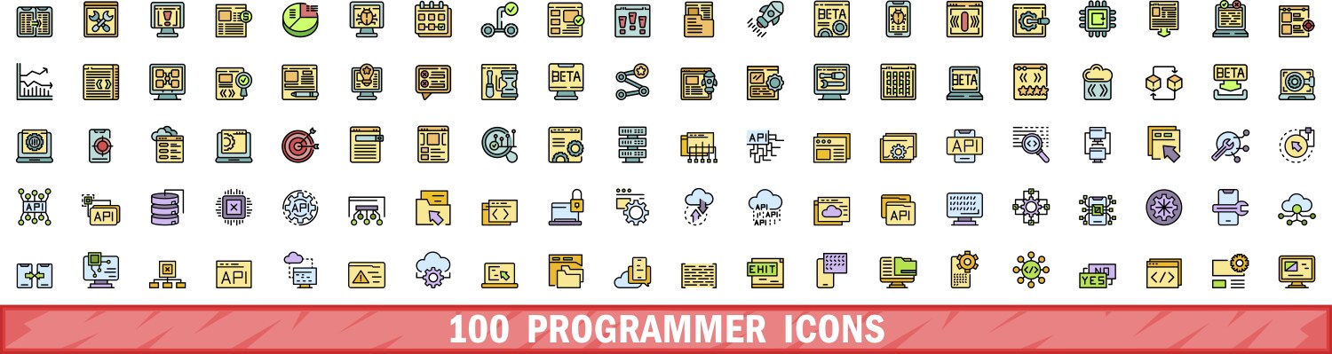 100 programmer icons set color line style vector image