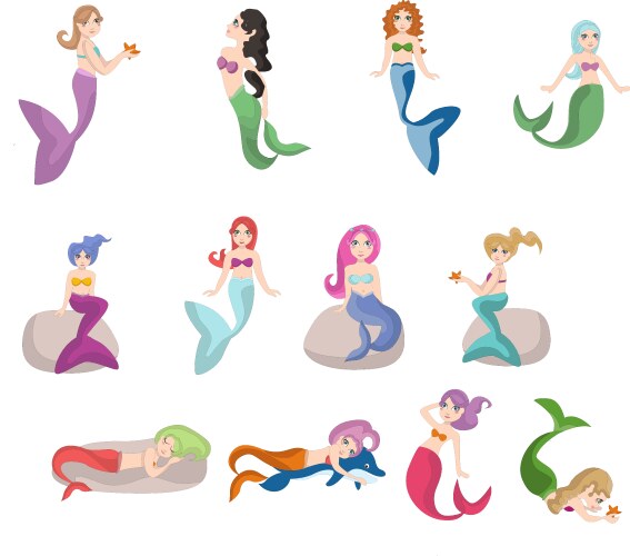 set cute swimming cartoon mermaid happy vector