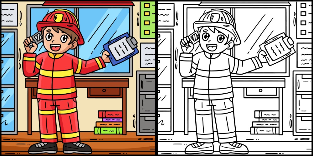 Firefighter holding an axe coloring page for kids Vector Image