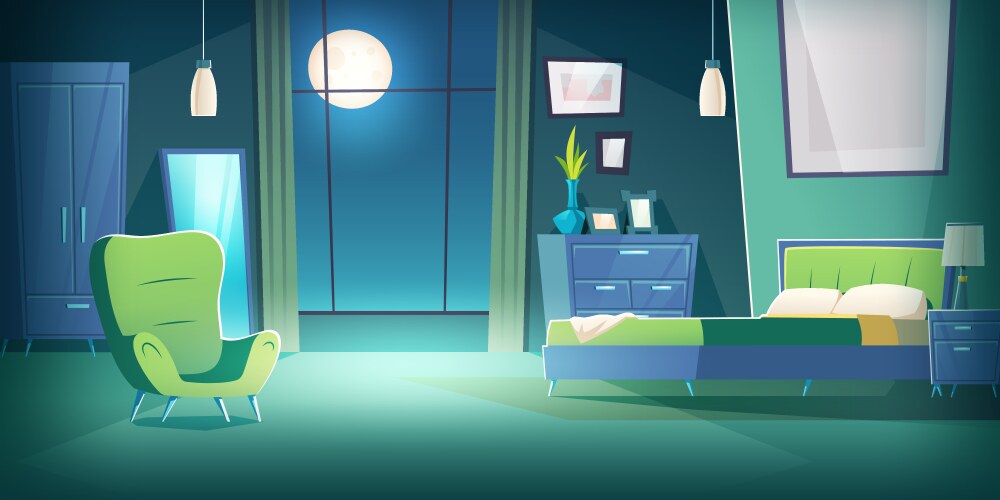 Bedroom interior at night with moonlight cartoon vector image