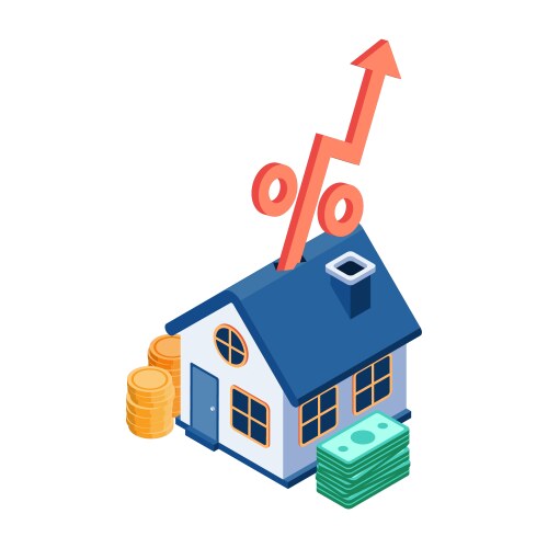 Isometric house with interest rate arrow rising up vector image