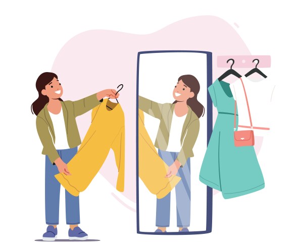 Little girl stand front of mirror in fitting room vector image