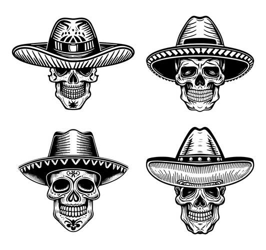 Set of skulls in sombrero Vector Image