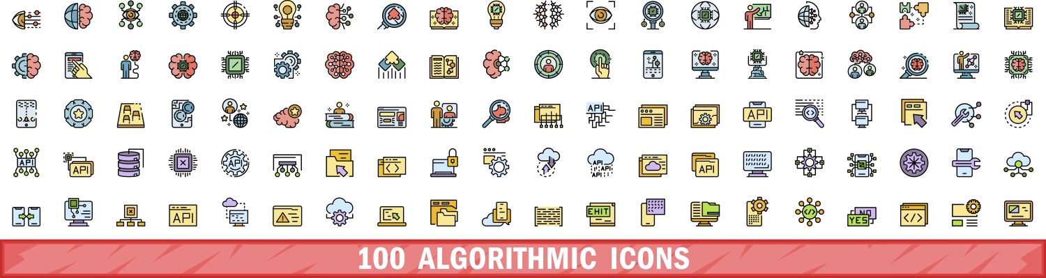100 algorithmic icons set color line style vektorbild