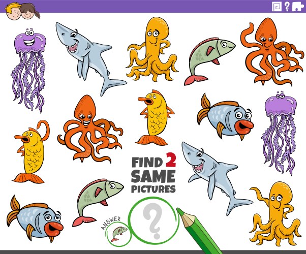 Find two same cartoon marine animals educational vector image